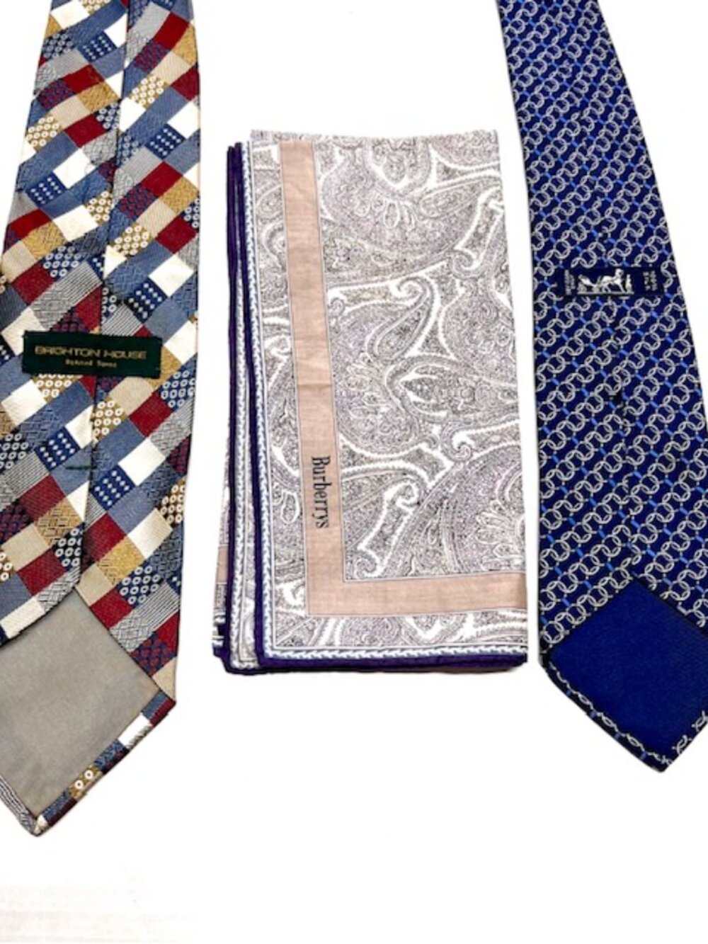 Set: 2Classic Neck-Ties SilkHERMES Paris & Brighton House +1 Burberry Handker(70 - Picture 15 of 16